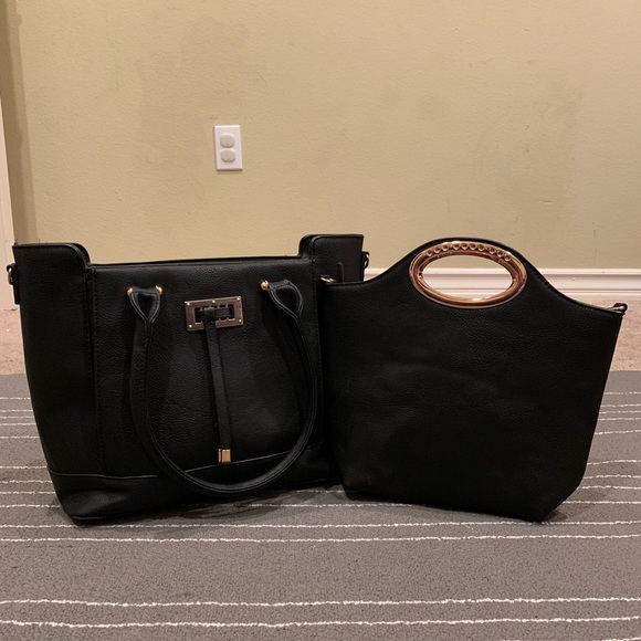 Black | Gold | Faux Leather | Bucket Tote - Picture 2 of 4
